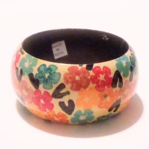 Hand Painted Floral Design Wide Wood Bangle Bracelet *